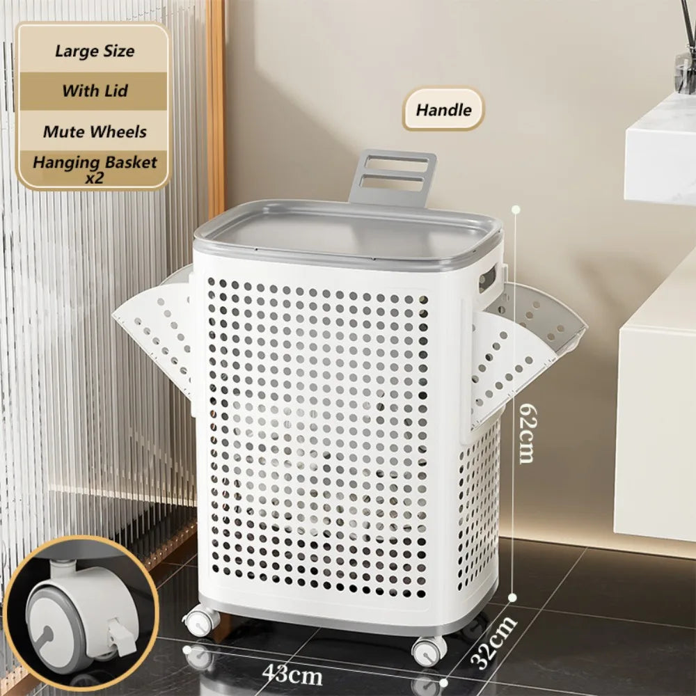 Foldable Dirty Clothes Basket Large Size Hollow Out Washing Baskets High Capacity Mute Wheels Laundry Basket Closet Organization