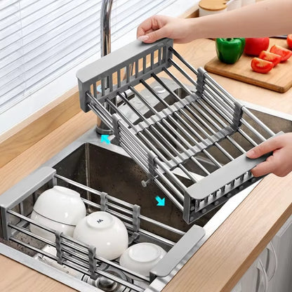 Stainless Steel Retractable Kitchen Sink Drain Storage Rack Bowls Dish Drying Holder Vegetables Fruits Cleaning Drain Basket