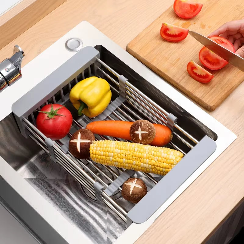Stainless Steel Retractable Kitchen Sink Drain Storage Rack Bowls Dish Drying Holder Vegetables Fruits Cleaning Drain Basket