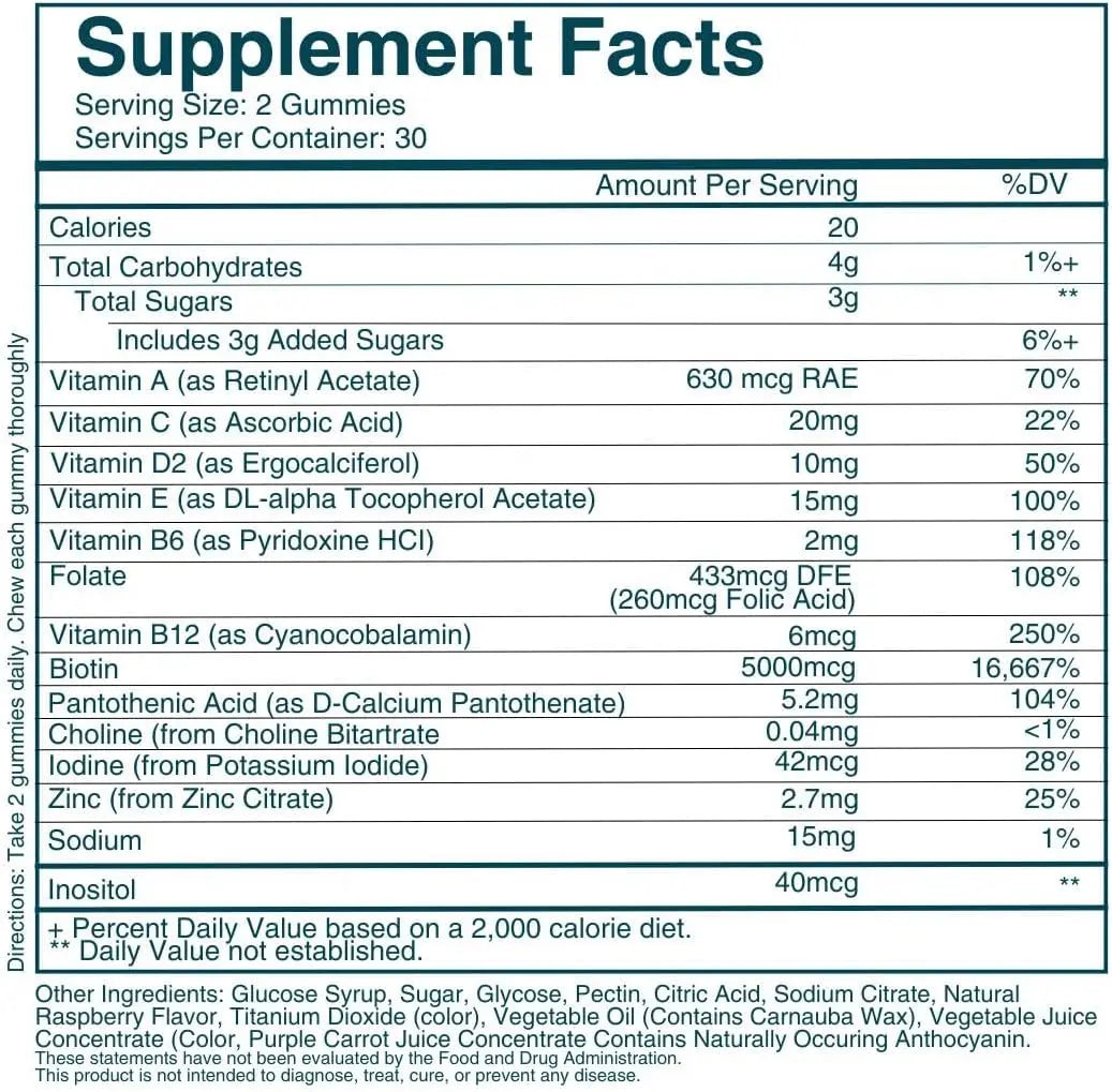 Hair, Skin & Nails Vitamin Supplement with Biotin 5000Mcg, Multivitamin Gummies Support Healthy Hair for Men & Women, 60 Gummies