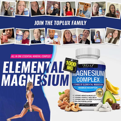 Magnesium Complex 1000MG Supplement - Magnesium Glycinate, Citrate & Malate - Sleep Support, Stress Relief, Muscles & Relaxation