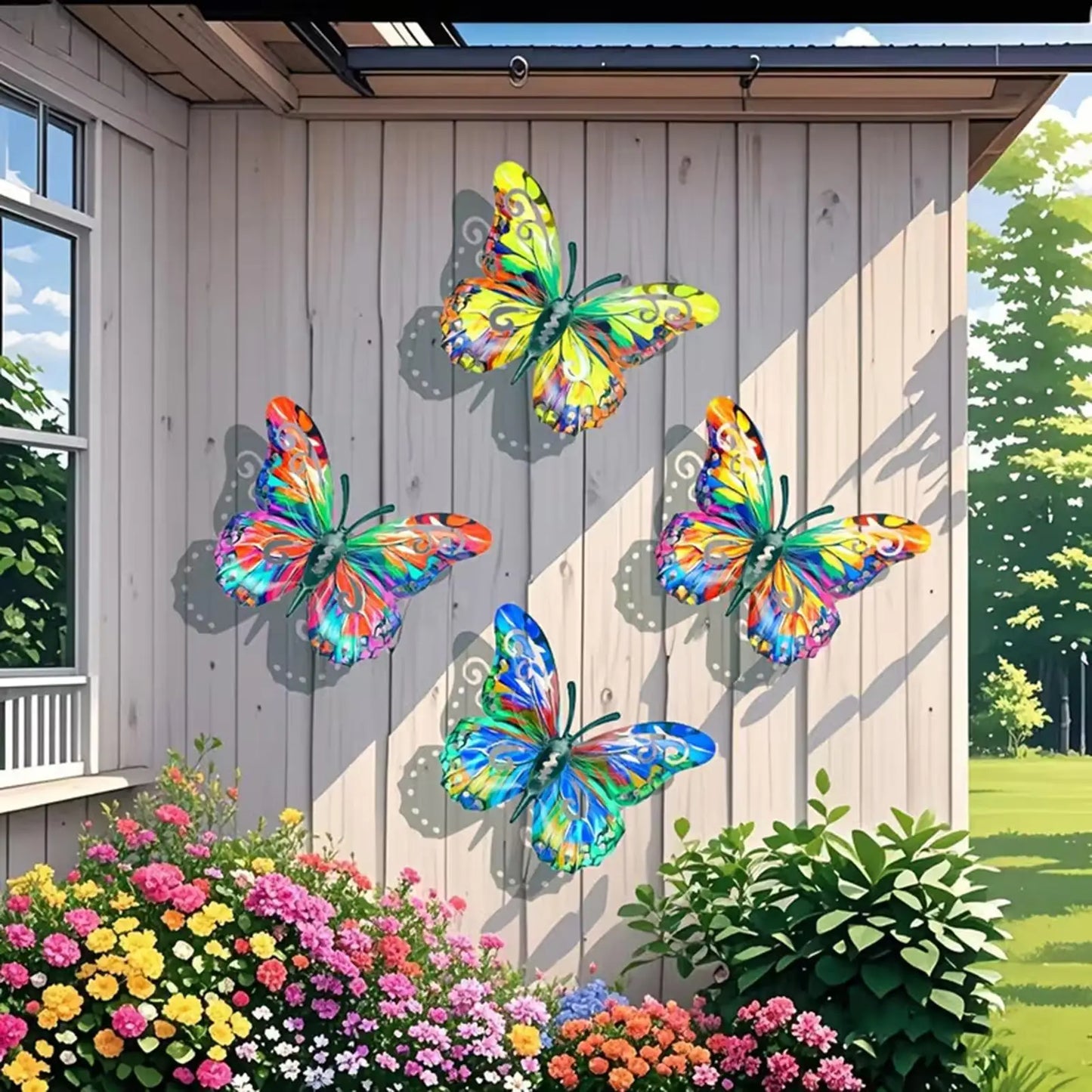 Metal Butterflies Outdoor Decor 4 Pieces Wall Art Sculpture Patio Butterfly Decor for Farmhouse Patio Garden Porch Yard Fence