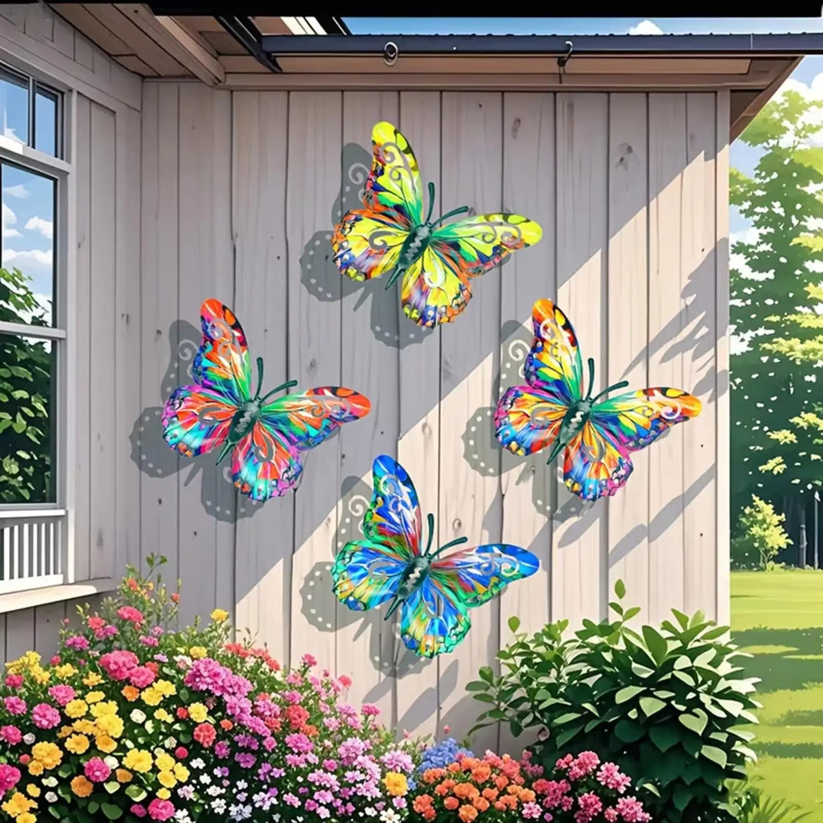 Metal Butterflies Outdoor Decor 4 Pieces Wall Art Sculpture Patio Butterfly Decor for Farmhouse Patio Garden Porch Yard Fence